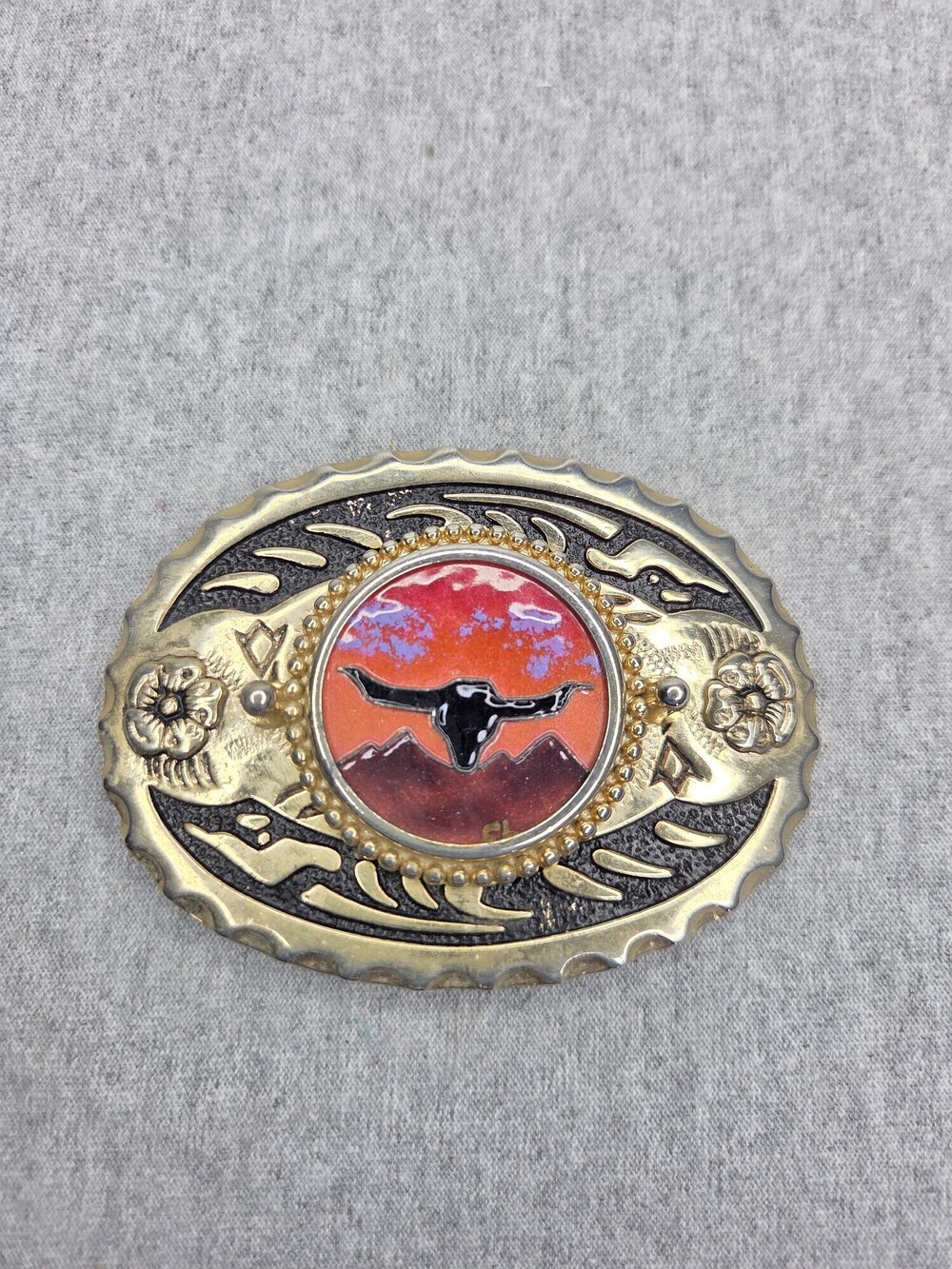 Longhorn Skull Belt Buckle Red Desert Sky Enamel Gold Black Scroll Oval Texas